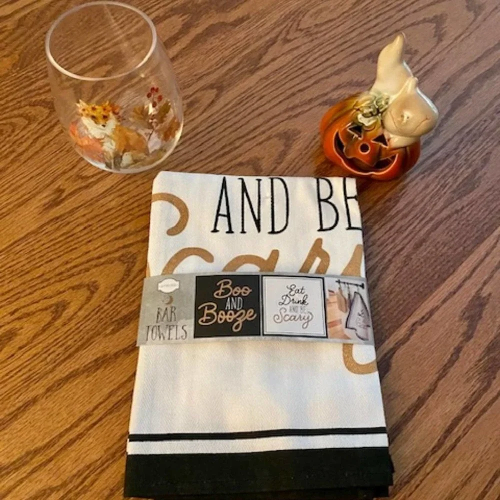 Boo & Booze Black, White & Gold Halloween Bar Towels Set of 2